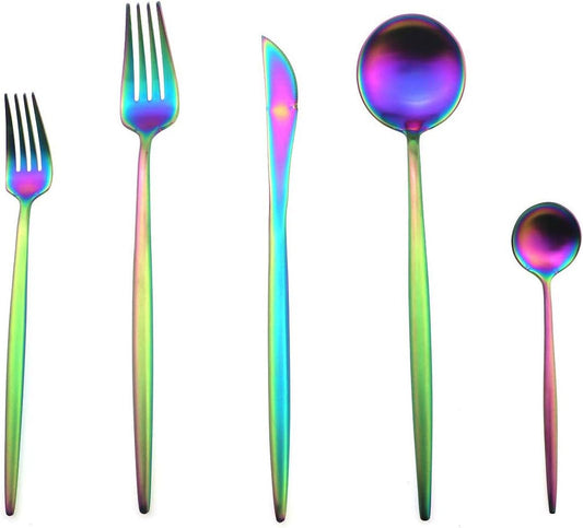 Gugrida 5 Pieces Matte Rainbow Flatware Set, 18/10 Stainless Steel Cutlery Sets Including Knife Fork Spoon w/Dessert Fork Teaspoon, Silverware Sets Service for 1