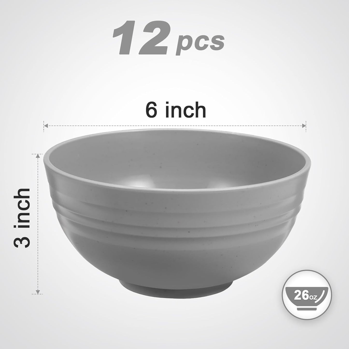 12 Pcs Unbreakable Cereal Bowls Set, 26 Oz Wheat Straw Bowls Set, Microwave & Dishwasher Safe Bowls for Kitchen, Reusable Plastic Bowls for Soup, Salad and Snack, BPA Free, Light Gray