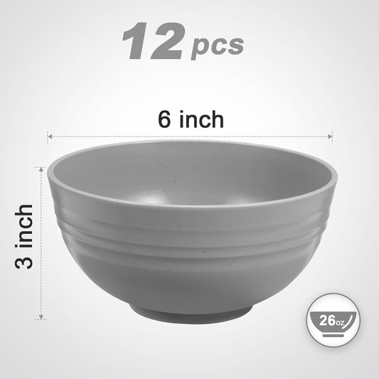 12 Pcs Unbreakable Cereal Bowls Set, 26 Oz Wheat Straw Bowls Set, Microwave & Dishwasher Safe Bowls for Kitchen, Reusable Plastic Bowls for Soup, Salad and Snack, BPA Free, Light Gray
