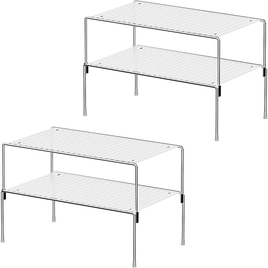 Set of 4 Kitchen Cabinet Organizer Shelves, Stackable Organizer and Storage for Cabinet Cupboard, Expandable Shelf Risers Plate Rack with Anti-Slip Plastic Liner