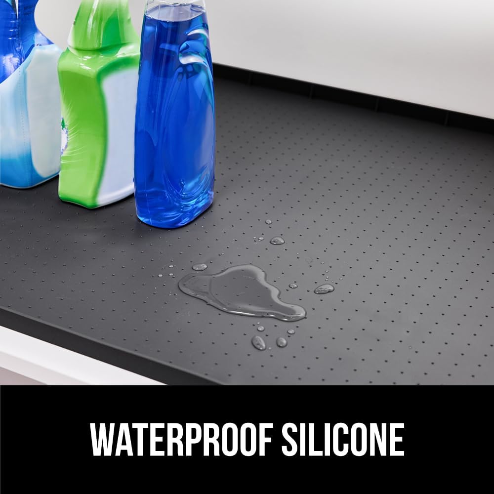 GORILLA GRIP Waterproof Silicone Under Sink Mat with Raised Lip for Kitchen and Bathroom, 28 x 22 in, Cabinet Shelf Liner Stay in Place Mats Dishwasher Safe Drawer Liner, Organizer Tray, Black