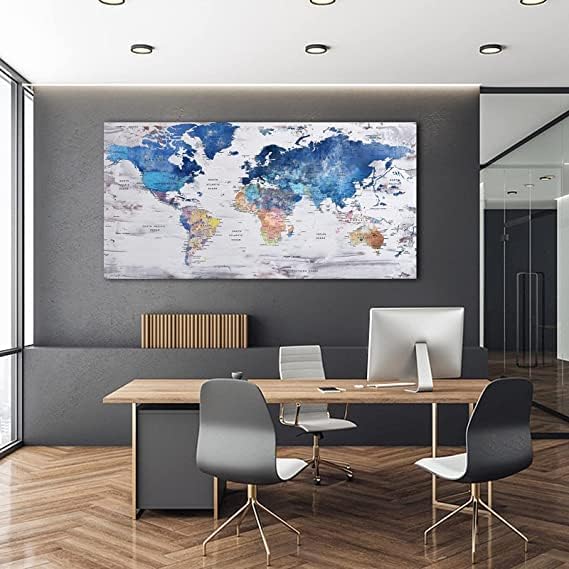 Pogusmavi-World Map Wall Art-Modern Art Wall Decor-Framed Artwork For Walls-Canvas Art For Office-Paintings For Decorations-Large Pictures For Living Room 24x48