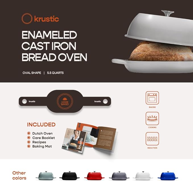 Enameled Cast Iron Dutch Oven for Professional Sourdough Bread Baking | 5.5 Quart Loaf Size Oval Cookware Pot with Lid | Triple-Layer Enamel Coating Pan with Non Stick Silicone Mat | White