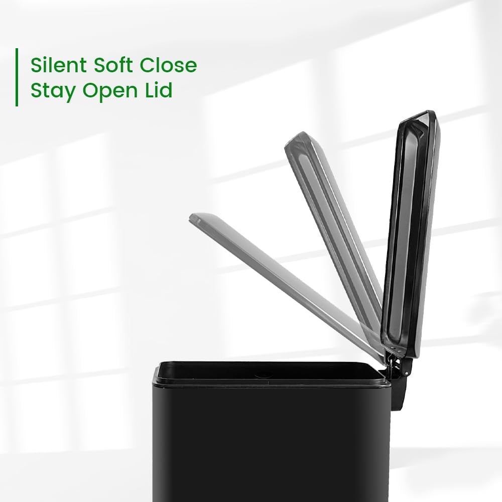 12 Gallon Slim Trash Can with Lid，45 Liter Kitchen Garbage Can,Black Stainless Steel Step Bin for Narrow Spaces with Soft-Close Lid, Inner Bucket, and Step-on Pedal