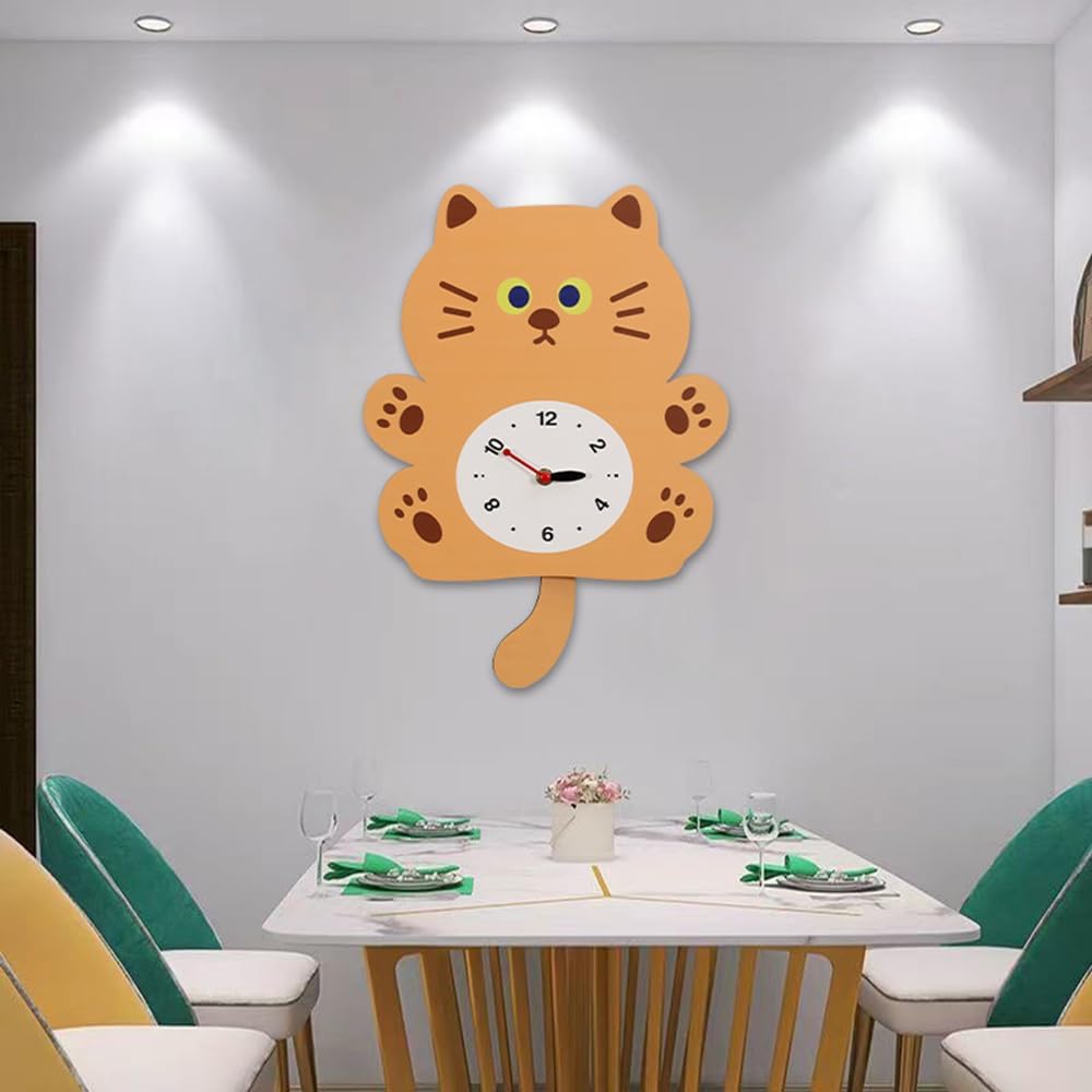 Adorable Cat Swing Wall Clock with Wagging Tail - Silent Non-Ticking Pendulum Clock, Cute Cartoon Animal Design for Kids Room, Nursery, Home Decor, for Cat Lovers (YBZ001-Yellow)