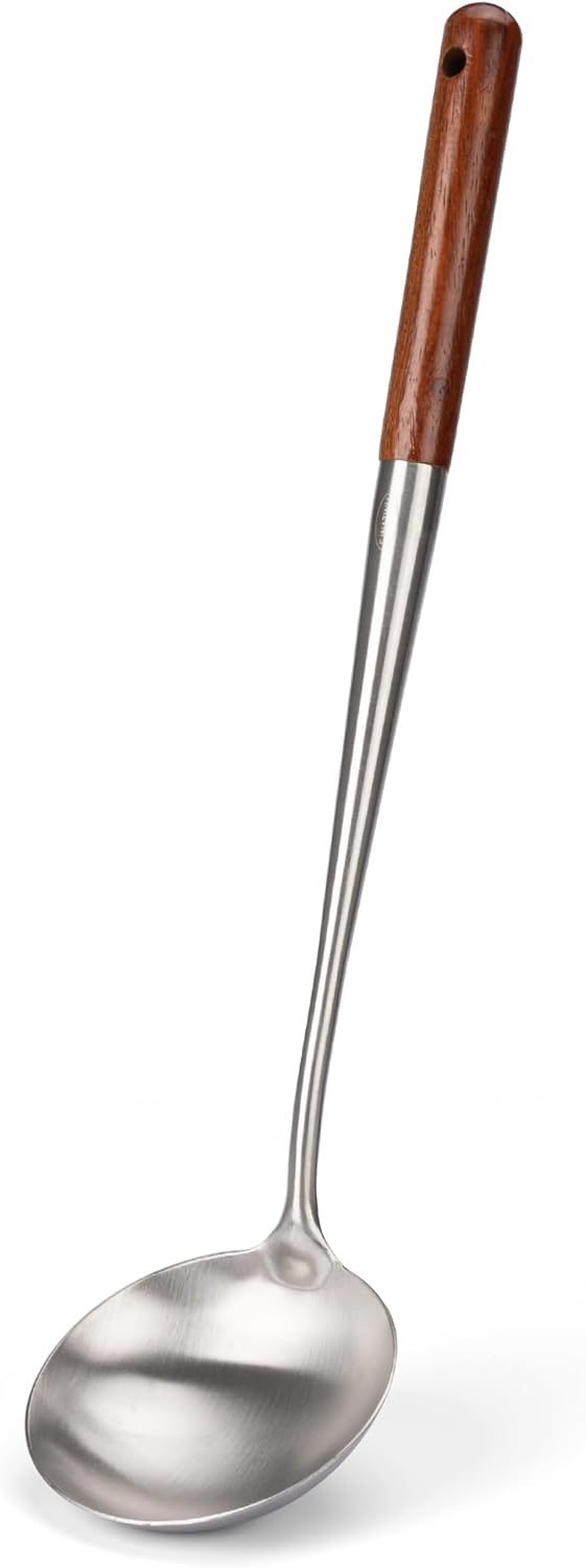 FJNATINH Soup Ladle, Metal Ladle Stainless Steel for Soup Sauces, Kitchen Ladle Spoon with Heat-proof Wooden Handle, Easy to Clean