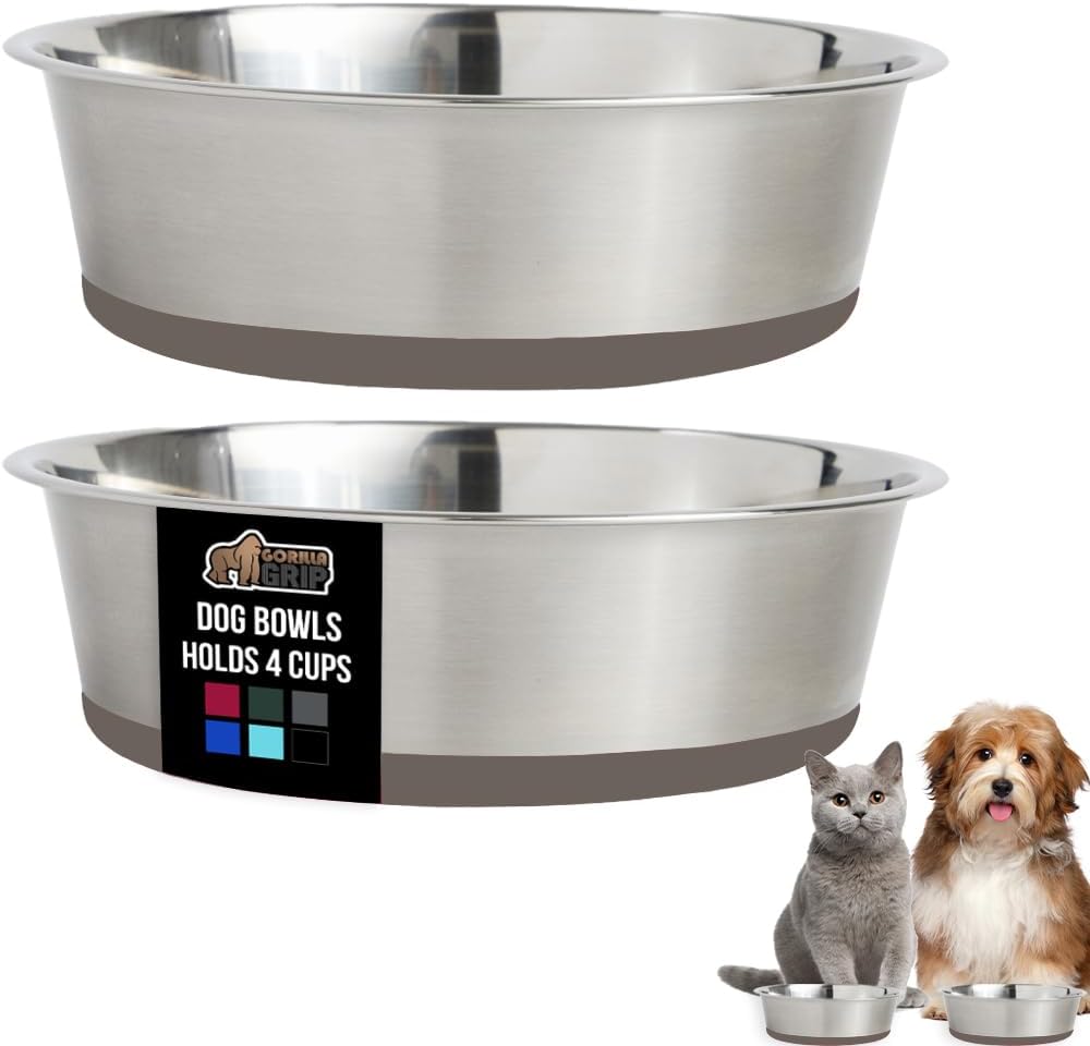 GORILLA GRIP Set of 2 Dog Bowls, Holds 4 Cups (32 fl oz), Heavy Duty Metal Food and Water Bowl for Feeding Dogs and Cats, Dishwasher Safe, Rust Resistant Stainless Steel, BPA Free Rubber Base, Beige