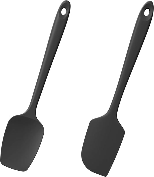 2-Piece Silicone Scraper & Spoon Spatulas: Doosu 600°F Heat Resistant Food Grade BPA Free Rubber Baking Flat Spatula Kitchen Cooking Spoonula for Mixing, Scraping, Folding, Stirring, Serving (Black)