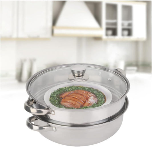 2 Layer Steamer,Stainless Steel Cookware 27cm 11in 2 Layer Steamer Pot Cooker Double Boiler Soup Steaming Pot for Steaming Buns Taro Seafood Etc