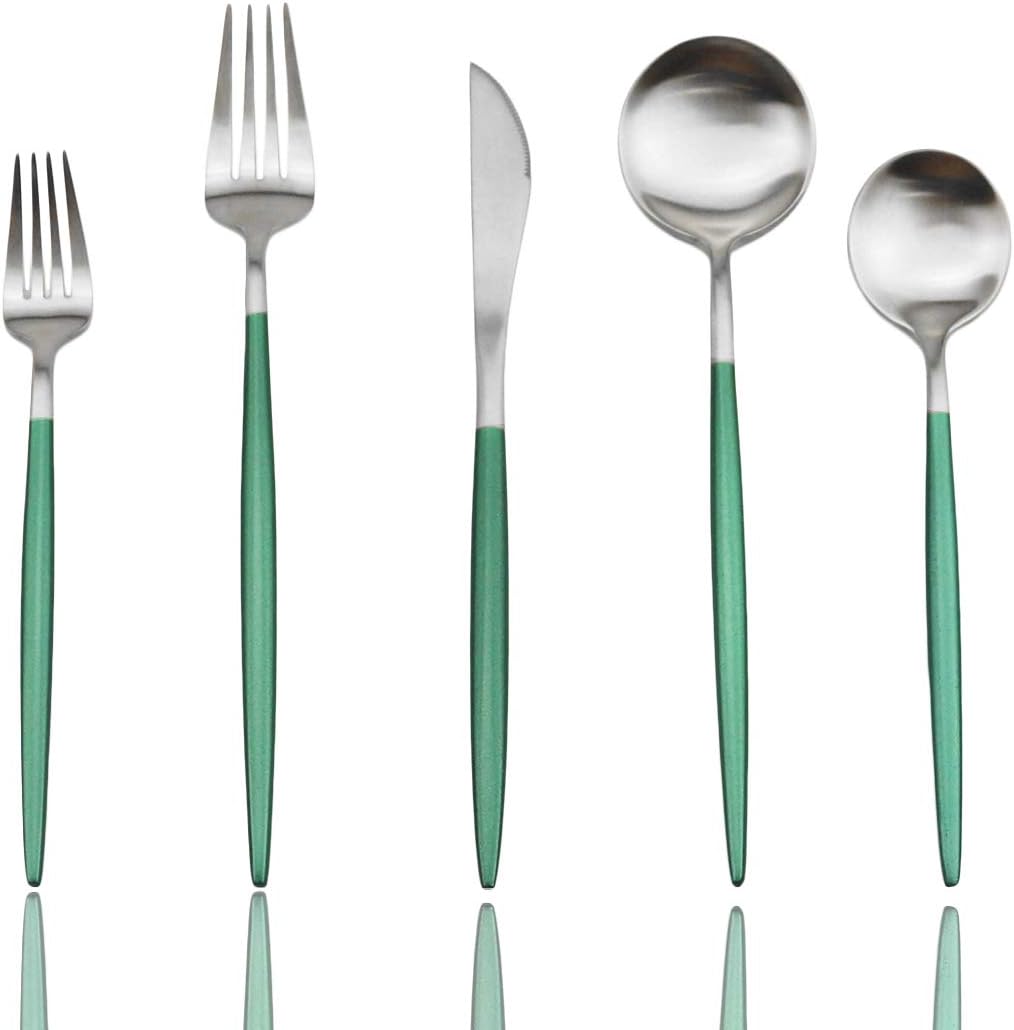 JASHII Silverware Sets, 20-Piece Flatware 18/10 Stainless Steel Heavy Weight Forged Cutlery Eating Utensils Forks Spoons Knives Set Tableware Service for 4 Matte Finished (Green & Silver)