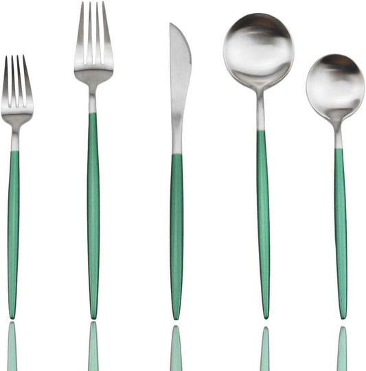 JASHII Silverware Sets, 20-Piece Flatware 18/10 Stainless Steel Heavy Weight Forged Cutlery Eating Utensils Forks Spoons Knives Set Tableware Service for 4 Matte Finished (Green & Silver)