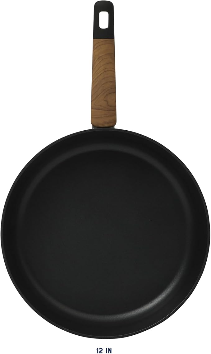 Oster Platinum Oxburg 12 Inch Frying Pan Forged Aluminum PFA Free Non-toxic Premium Ceramic Non Stick Interior Skillet, Kitchen Egg Pan, Omelet Pan - Black w/Wood Handles