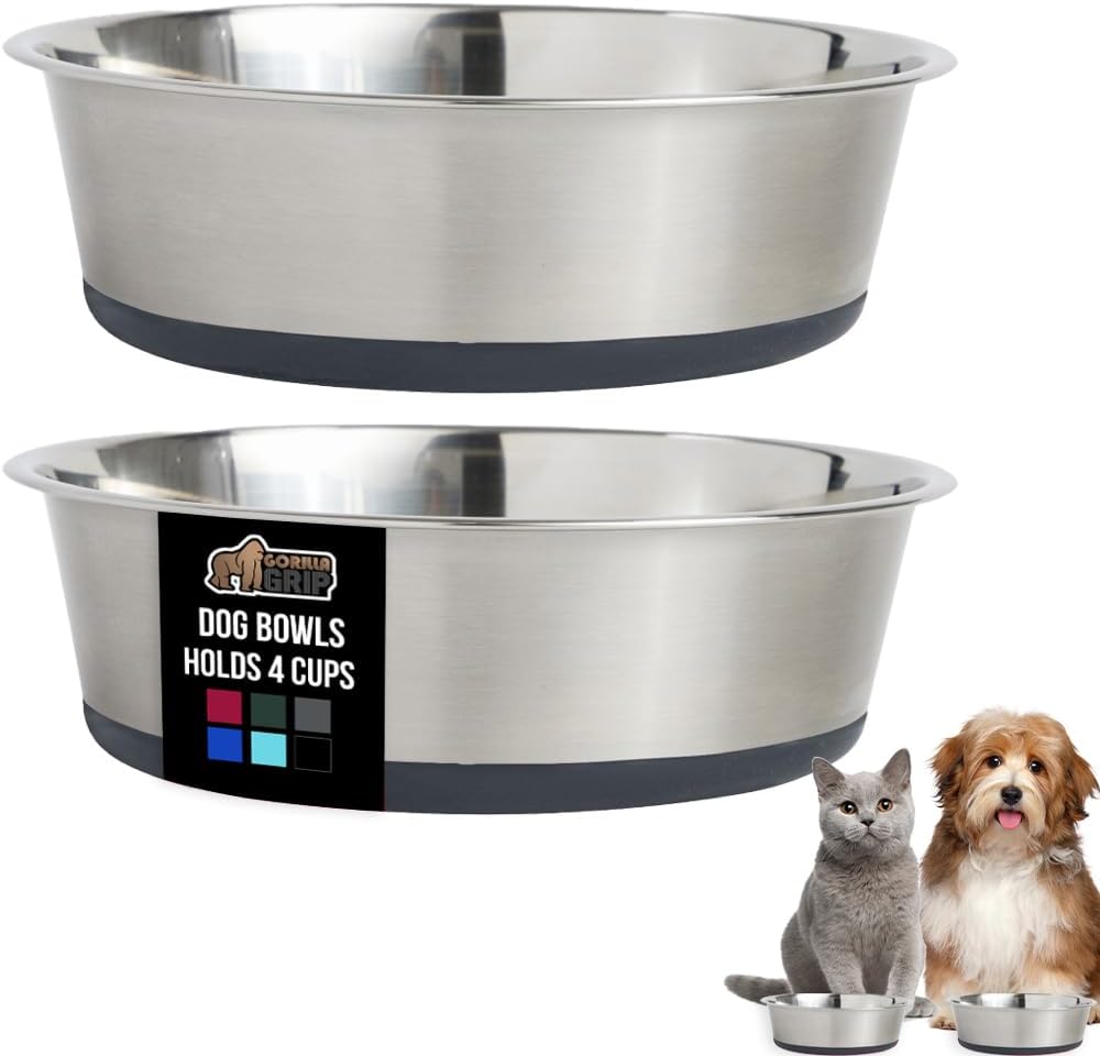 GORILLA GRIP Set of 2 Dog Bowls, Holds 4 Cups (32 fl oz), Heavy Duty Metal Food and Water Bowl for Feeding Dogs and Cats, Dishwasher Safe, Rust Resistant Stainless Steel, BPA Free Rubber Base, Gray