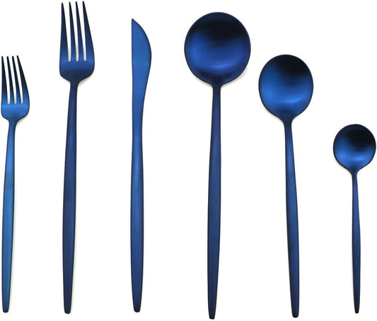 Gugrida Luxury Silverware Royal Cutlery Set - 24 Piece Flatware Set - Service For 4 18/10 Stainless Steel - Matte Blue Finish w/Drinking Straw