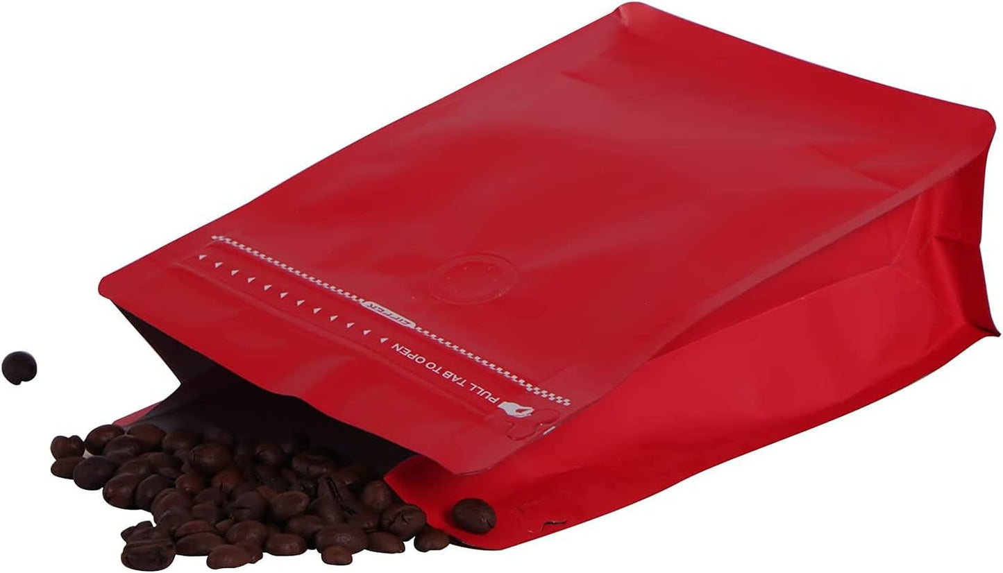 REMTAP Coffee Bags with Valve（50pcs,1lb,16oz) Red High Barrier Aluminumed Foil Flat Bottom Standing Coffee Beans Storage Bags,Reusable Heat Sealable Side Zipper Pouches for Home or Store