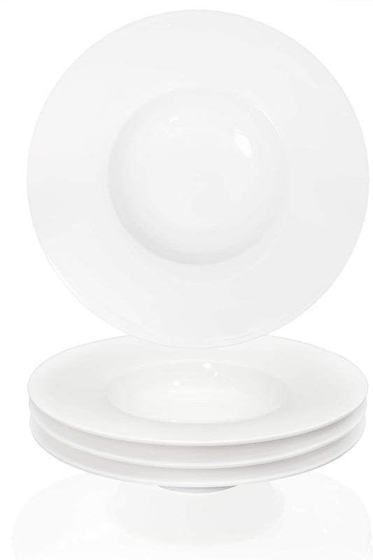 Ceramic Wide Rimmed Soup Plate, Soup Bowl 9 oz, Pasta Bowl Set of 4, White Shallow Bowl Plate with Rim, Best choice for high-end restaurants, hotels, and foodies, 10.85 Inch