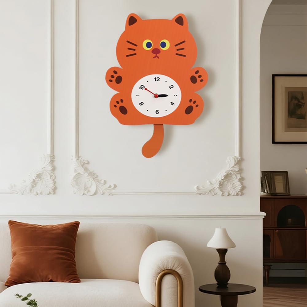Cute Cat Swing Wall Clock with Wagging Tail - Adorable Cartoon Animal Design, Silent Non-Ticking Pendulum Clock for Kids Room, Nursery, Home Decor, for Cat Lovers (YBZ001-Brown)