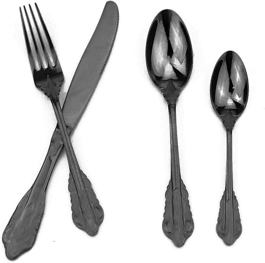 JASHII 4-Piece Black Cutlery Set Silverware Set, Mirror Polished, Stainless Steel Flatware Cutlery Eating Utensils Service for 1, Unique Elegant Pattern, Dishwasher Safe (Black)
