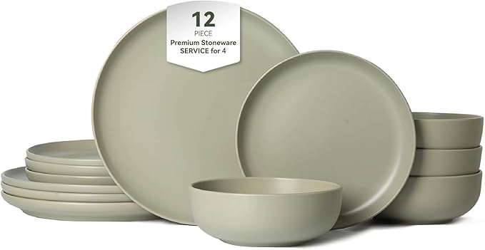 12-Piece Matte Green Dinnerware Set,Stoneware Dinnerware for 4, Microwave & Dishwasher Safe, Stackable Design for Kitchen and Dining - Plates and Bowls