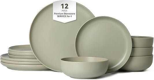 12-Piece Matte Green Dinnerware Set,Stoneware Dinnerware for 4, Microwave & Dishwasher Safe, Stackable Design for Kitchen and Dining - Plates and Bowls