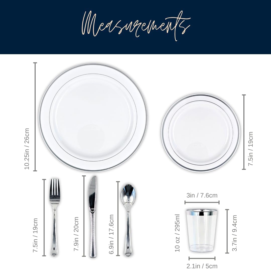Tableware Dinnerware Set, Premium Heavyweight, Reusable or Disposable Party Plates, Includes Dinner Plate, Dessert Plate, Cutlery, and Cup (Silver, 150-Piece Set, Serves 25 Guests)
