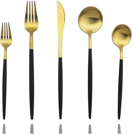 JASHII Luxury Black Gold Flatware, Silverware Sets, 5-piece Elegant Cute 18/10 Stainless Steel Silverware Set for Eating Home Kitchen Hotel Restaurant, Service Sets for 1 People, Dishwasher Safe