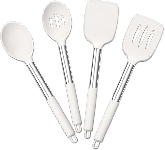 E-far Cooking Utensils Set of 4, Silicone Kitchen Utensils for Non-stick Cookware, Heat Resistant & Non-toxic Slotted Spatula Solid Spoon Turner for Flipping Mixing Serving Basting(White)
