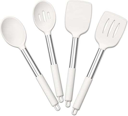 E-far Cooking Utensils Set of 4, Silicone Kitchen Utensils for Non-stick Cookware, Heat Resistant & Non-toxic Slotted Spatula Solid Spoon Turner for Flipping Mixing Serving Basting(White)