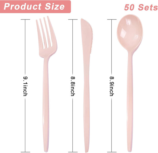 PULOTE 150PCS Pink Plastic Silverware - Plastic Cutlery Heavy Duty - Pink Utensils Set Disposable Include 50 Forks, 50 Spoons, 50 Knives for Wedding, Party & Mother’s Day