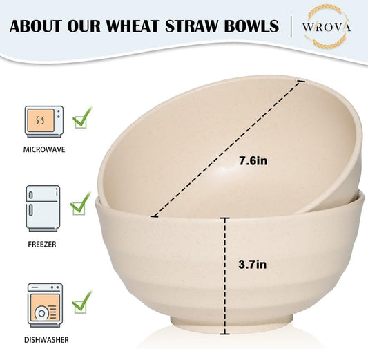 Wrova Wheat Straw Bowls Set 60 OZ, Unbreakable Large Beige Bowls Set of 6, Microwave & Dishwasher Safe Big Cereal Bowl for Picnic and Party BPA Free Salad Bowl for Serving Oatmeal and Popcorn (Beige)