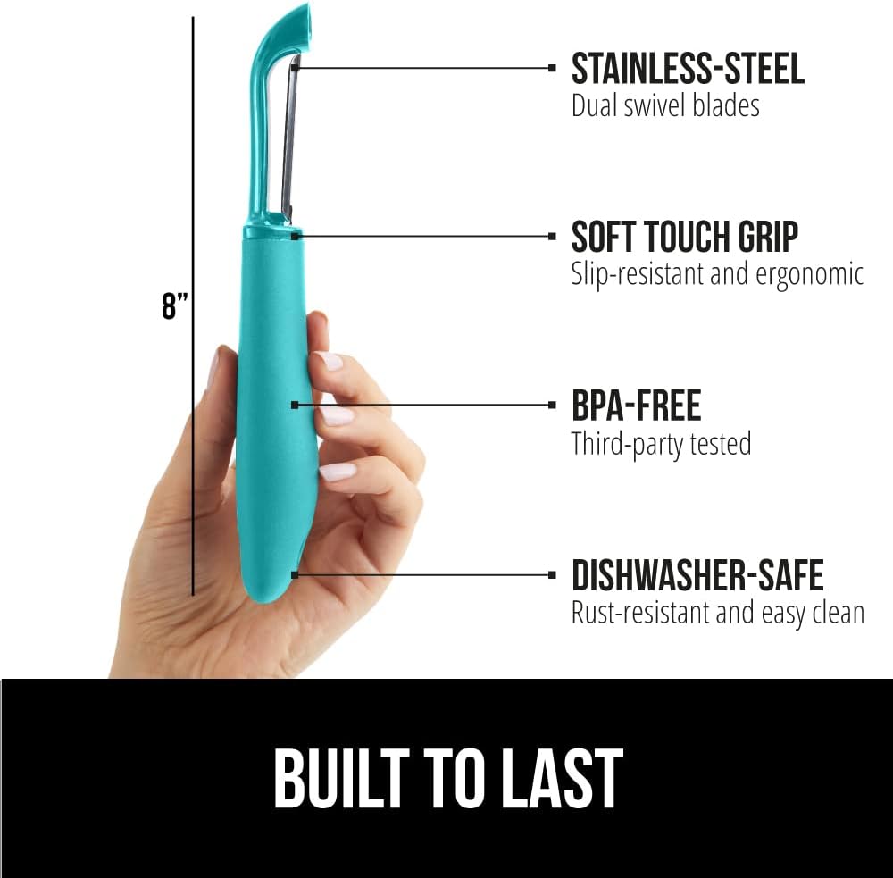GORILLA GRIP Patented BPA-Free Sharp Stainless Steel Swivel Vegetable Peeler, Comfortable Handle Potato Peelers, Smooth Peeling, Peel Carrots Apple, Includes Blade Cover, Kitchen Tool, Turquoise