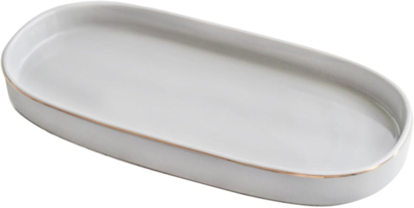 10x5 Bathroom Vanity Tray, Oval Ceramic Decorative Perfume Candle Tray for Bathroom/Kitchen Counter, Grey