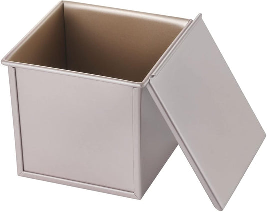 CHEFMADE Square Pullman Loaf Pan with Lid, 1Lb Dough Capacity Non-Stick Rectangle Flat Toast Box for Oven Baking 5.7" x 5.7"x 5.2"(Champagne Gold)