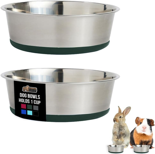 GORILLA GRIP Set of 2 Dog Bowls, Heavy Duty Metal Food and Water Bowl for Feeding Dogs and Cats, Dishwasher Safe, Rust Resistant Stainless Steel, BPA Free Rubber Base, Holds 1 Cup (8 fl oz), Green