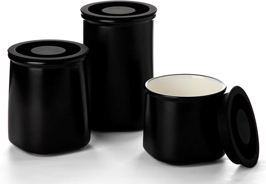 Nucookery Canisters Sets for the Kitchen Countertop, 3 Pcs Ceramic Jar with Silicone Lid, 40oz, 30oz, 20oz Food Storage Containers for Flour, Sugar, Coffee, Grains,Tea, Cookies, Dry Food Organization