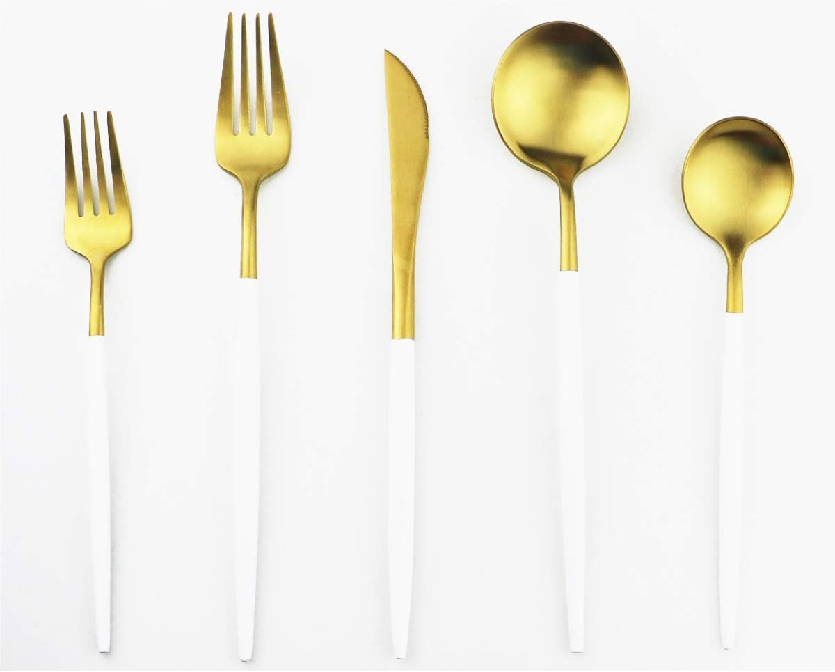 Gugrida White Gold Flatware, Royal 20 Piece Matte White Handle 18/10 Stainless Steel Tableware Sets for 4 Including Forks Spoons Knives, Camping Silverware Travel Utensils Set Cutlery (White Gold)