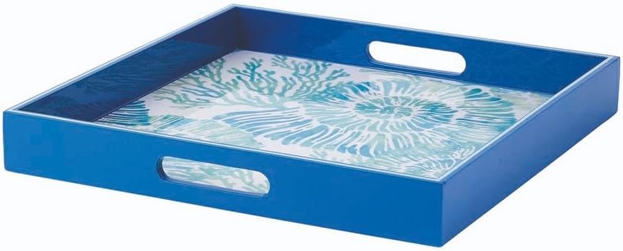 rockflowerpaper Nautilus Shells 15inch Square Lacquered Wooden Serving Tray with Handles, Coffee Table Ottoman Tray for Dining. for Food, Drinks, Cocktail, Great for Parties, Entertaining & Gift