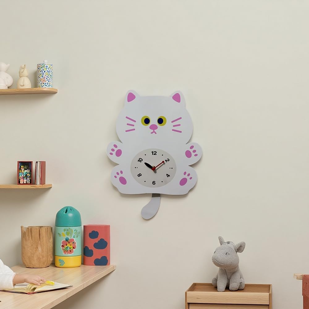 FASHION in THE CITY Adorable Cat Themed Swing Wall Clock - Silent Non-Ticking Pendulum Clock, Easy to Read Analog Clock for Cat Lovers, Nursery, Kitchen, Cute Home Decor Gift (YBZ001-White)