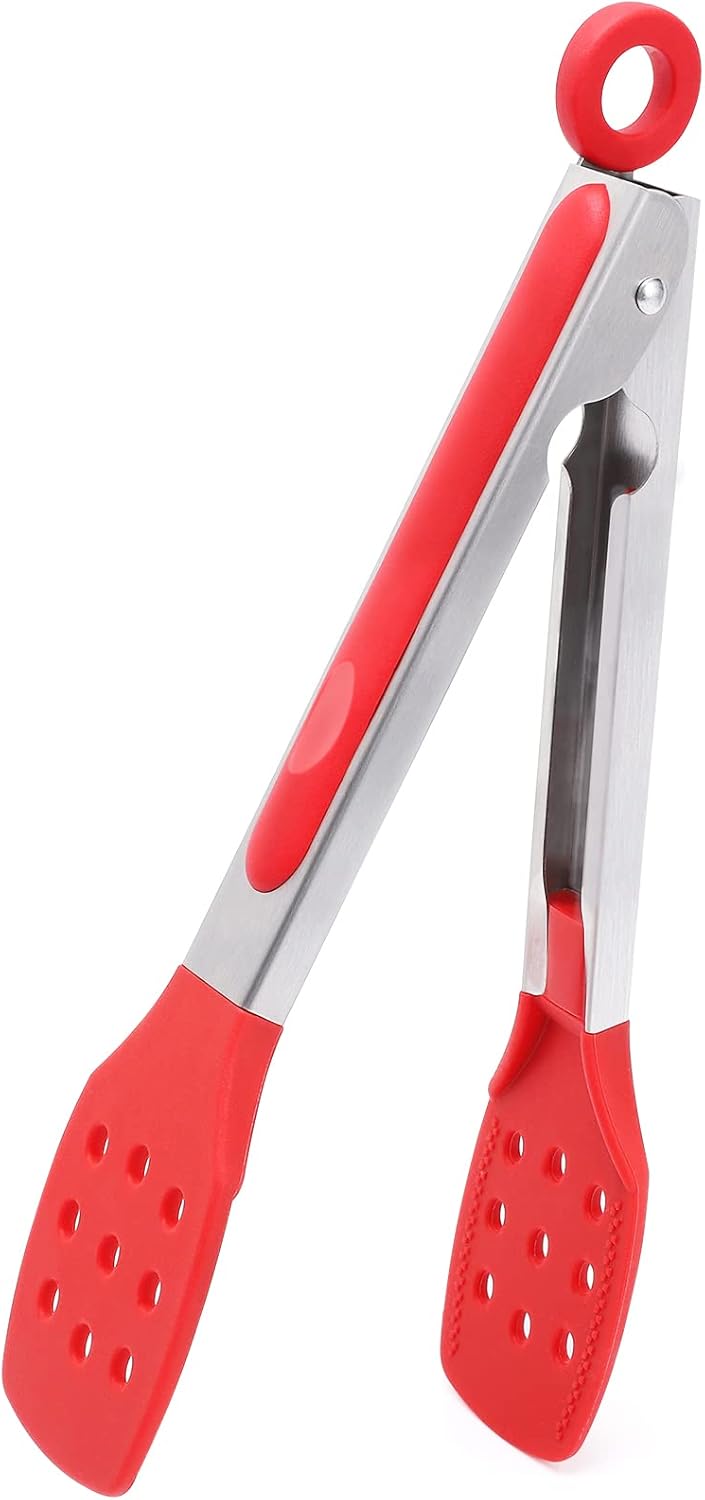 9 Inch Kitchen Tongs, Cooking Tongs with Slotted Silicone Tips and Stainless Steel Handle, Non Stick Heat Resistant Tongs for Cooking, Buffet, Salad Serving (9", Red)