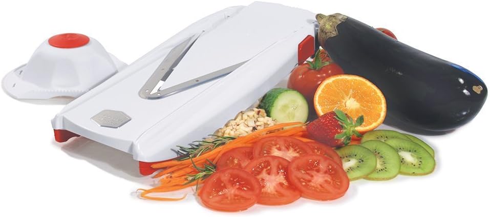 Swissmar Börner VPower V-Slicer Mandoline – Professional Kitchen Tool with Adjustable Thickness – Precision Food Slicer for Vegetables, Julienne, Shredding – Includes Safety Holder & Inserts - White