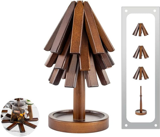 Wooden Tree Shape Trivet Set, Bamboo Trivet Set with Organizer Rack Coaster Home Decor, Creative Housewarming Gift，Brown