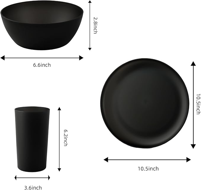 24pcs Dinnerware Sets,Plastic Plates and Bowls Sets,Dishes Set for 8,Unbreakable Modern Dish Sets,Reusable Dinning Set,Dishware Sets for Kitchen,Party or Picnic, Dishwasher Safe,Black,BPA free