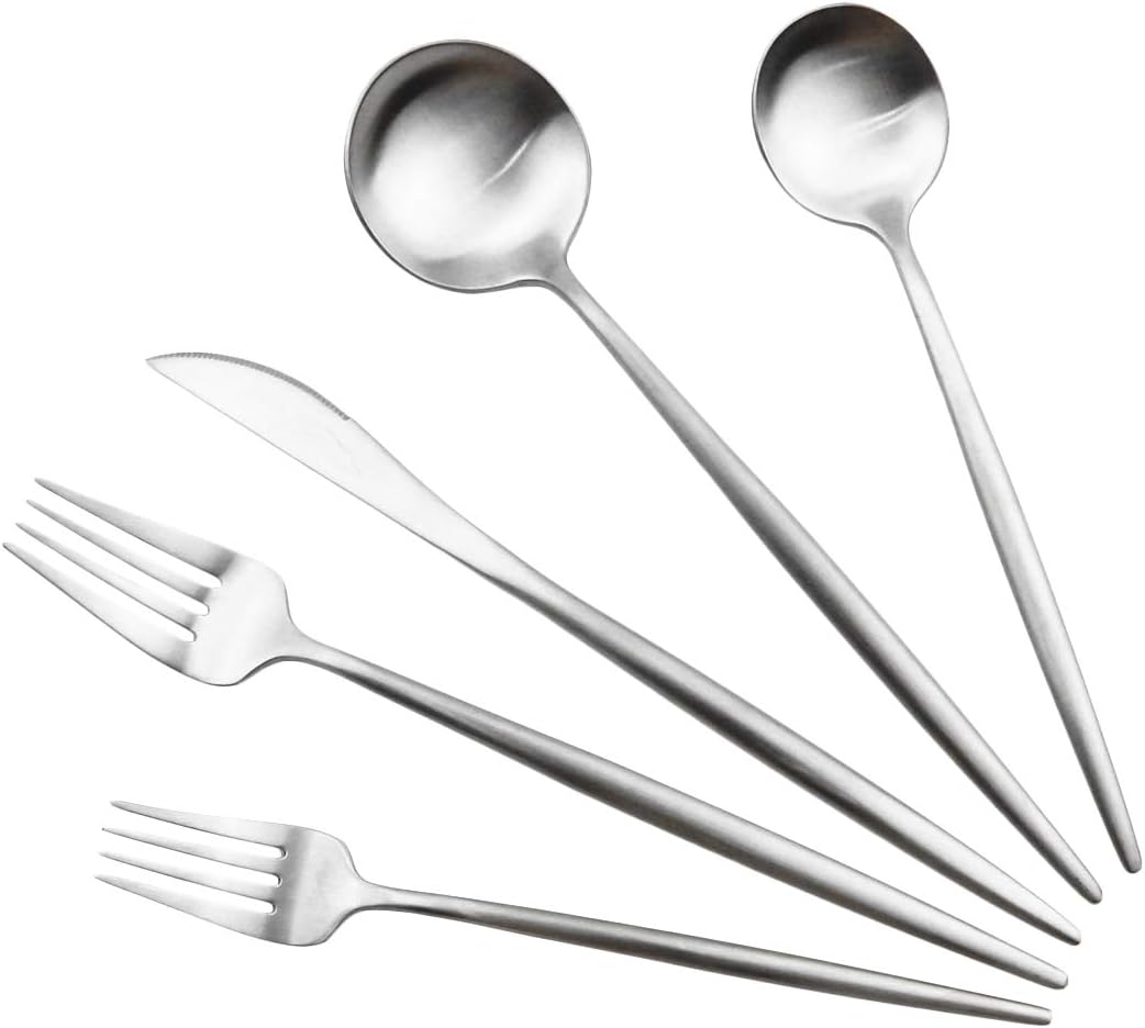 Gugrida Luxury Flatware, Royal 5 Piece Matte White Handle 18/10 Stainless Steel Tableware Sets for 1 Including Forks Spoons Knives, Camping Silverware Travel Utensils Set Cutlery (Full Silver)