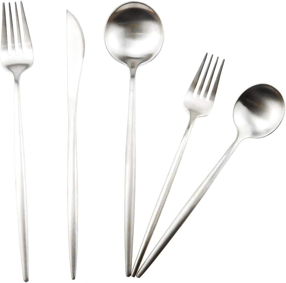 Gugrida 20-Piece 18/10 Stainless Steel Flatware Silverware, Luxury Dinnerware Set Travel Cutlery Tableware Include Knife Fork Spoon Service for 4,Healthy & Eco-Friendly Dishwasher Safe (Silver Matte)