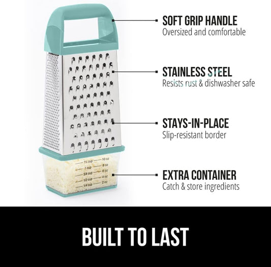 GORILLA GRIP 4-Sided 100% BPA-Free Cheese Grater With Container, Stainless Steel XL Box Graters, Parmesan Shredder, Grate Cheeses, Shred Veggies, Slip Resistant Handle, Dishwasher Safe Zester, Mint