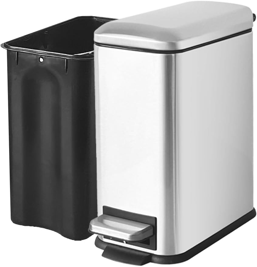 Small Bathroom Trash Can with Lid, 1.3 Gallon Stainless Steel Trash Can with Removal Inner Bucket, Soft Close Lid, Step Pedal, Compact Trash Bin for Bedroom, Office, Kitchen (Silver)
