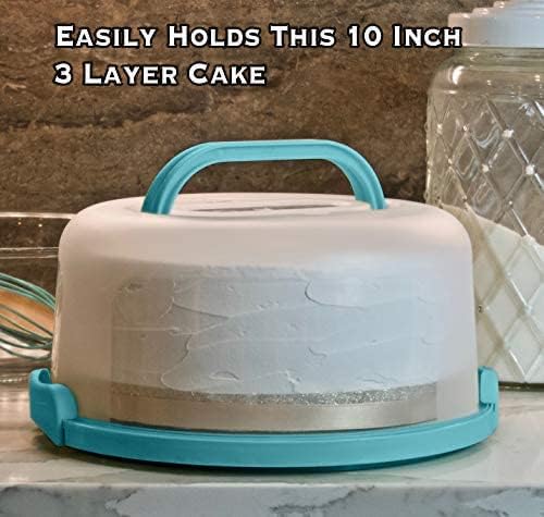 Top Shelf Elements Round Cake Carrier Two Sided Cake Holder Serves as Five Section Serving Tray, Portable Cake Stand Fits 10 inch Cake, Cake Box Comes With Handle, Cake Container Holds Pies (Aqua)