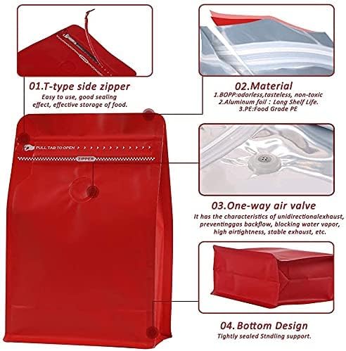 REMTAP Coffee Bags with Valve(50pcs,12oz) Red High Barrier Aluminumed Foil Flat Bottom Standing Coffee Beans Storage Bags,Reusable Heat Sealable Side Zipper Pouches for Home or Store