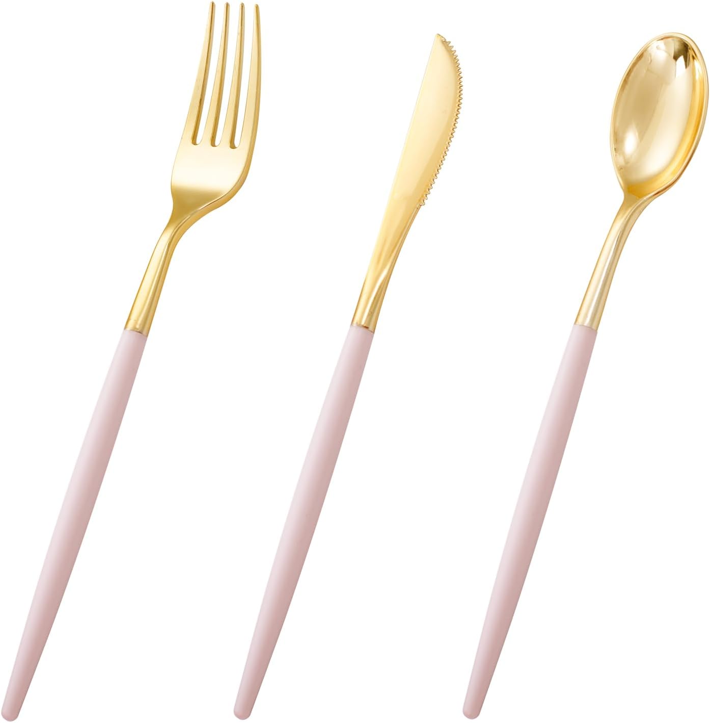 I00000 60 Pack Pink Plastic Silverware,Gold Disposable Flatware with Pink Handle, Gold Plastic Cutlery Set Includes: 20 Forks, 20 Knives and 20 Spoons, Tableware Set for Party and Wedding