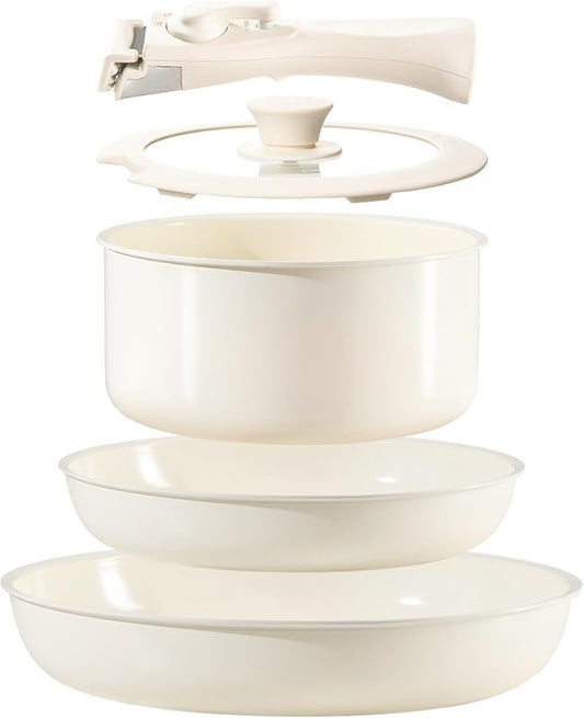 Chef Power Ceramic Nonstick Cookware Set 5 Piece with Detachable Handle, Induction Dishwasher Oven Safe Pans and Pots Set, RV Kicthen Set Removable Handle, Cream White